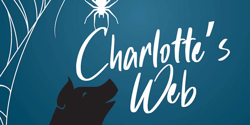 Illustration of pig and spider's web to announce "Charlotte's Web" play