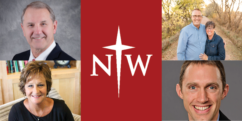 Five Northwestern College alumni and Northwestern College logo on a red background