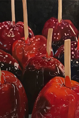 Hyper-realistic oil painting of candied apples