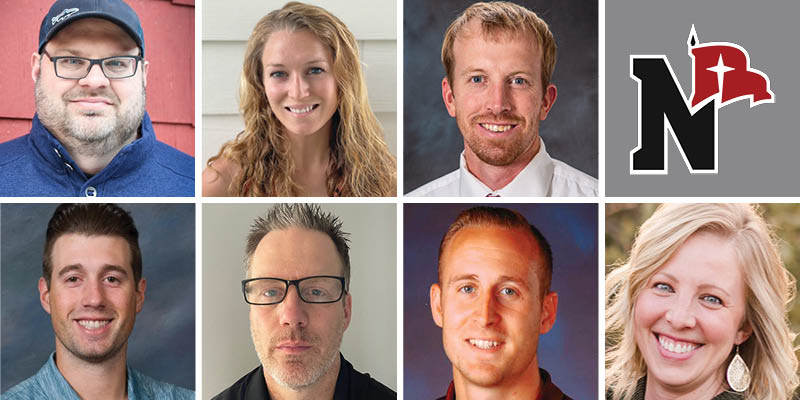 Seven Northwestern College graduates and Red Raider athletic logo